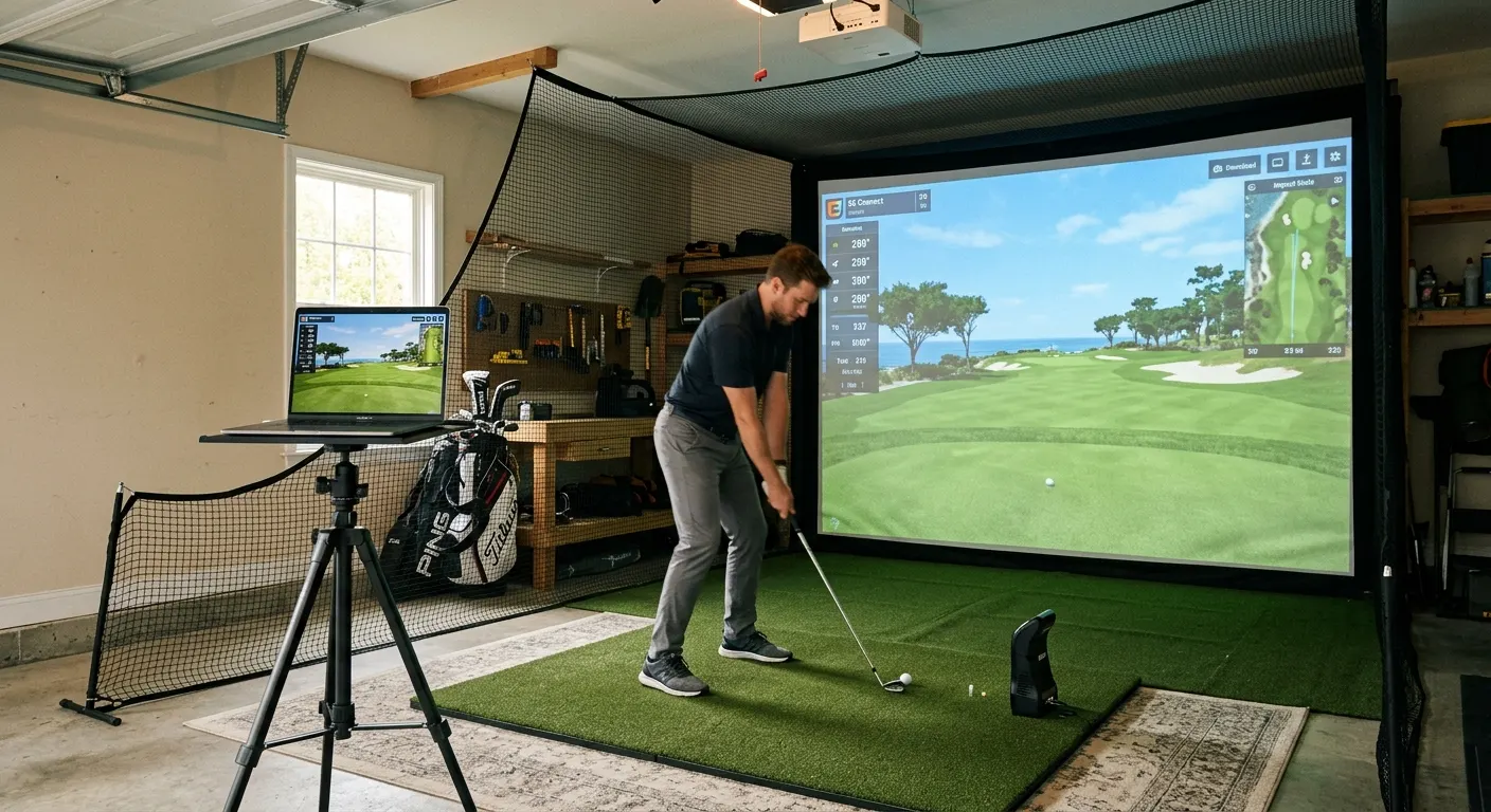 Budget home golf simulator in a garage with a hitting net, portable launch monitor, and laptop running sim software