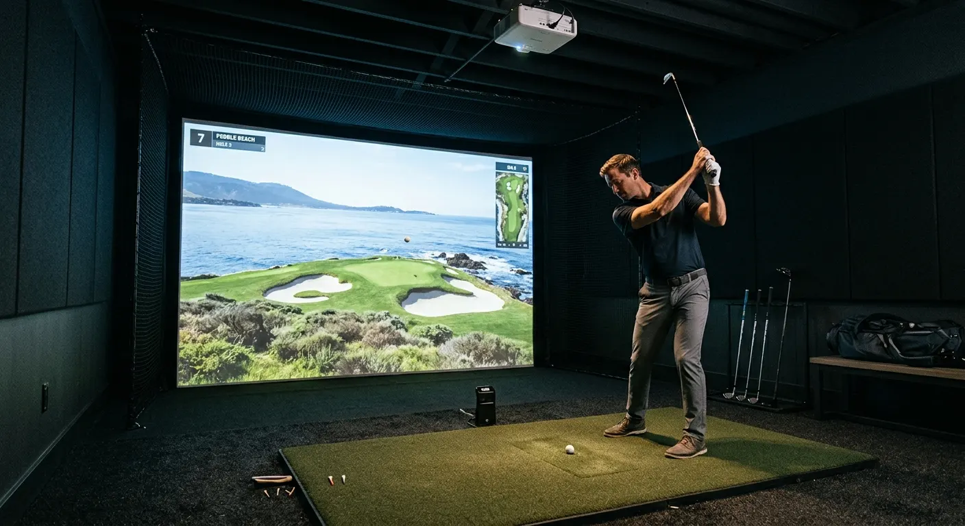 Golf simulator software with a virtual course filling the impact screen in a home sim room